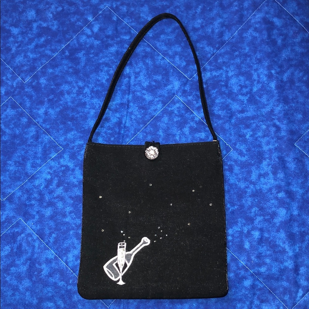 OLD NAVY Black Cocktail Purse with Champagne and Glass Design Gem/Sparkly Button